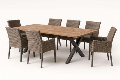 Outdoor Dining Set with Teak Table and Brown Wicker Chairs-Poliverno