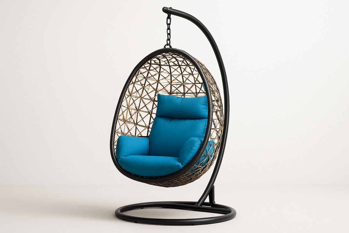 Wicker Hanging Egg Chair with Blue Cushions and Metal Stand-Poliverno