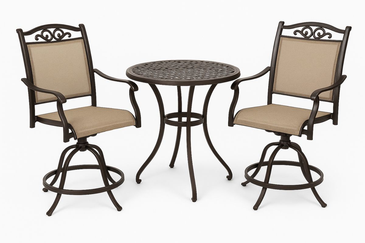 Outdoor Swivel Bistro Set Aluminium Frame Bronze and Beige Sling Chairs-Poliverno