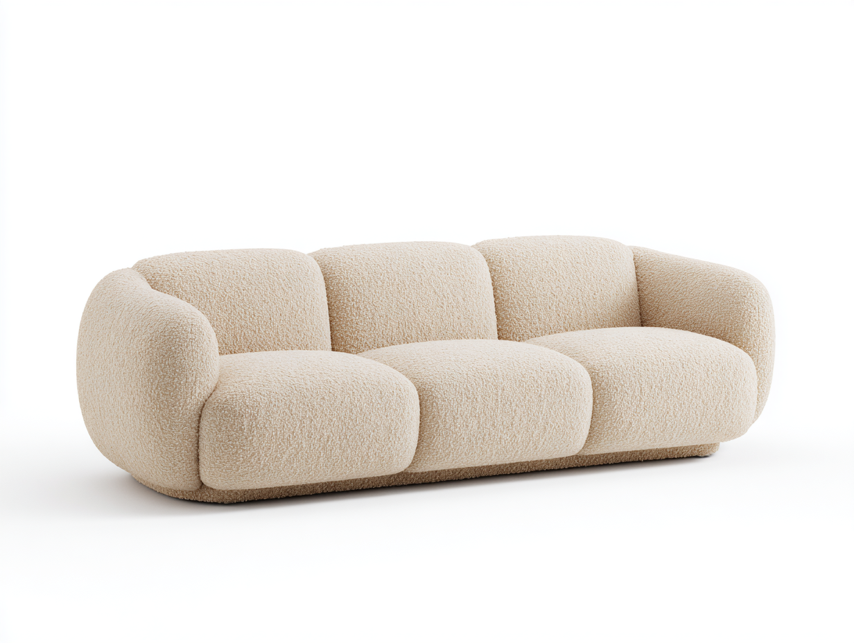 Divano 3 posti in tessuto bouclé 225x100x78 cm - beige - per soggiorno - design moderno arrotondato-Houseero