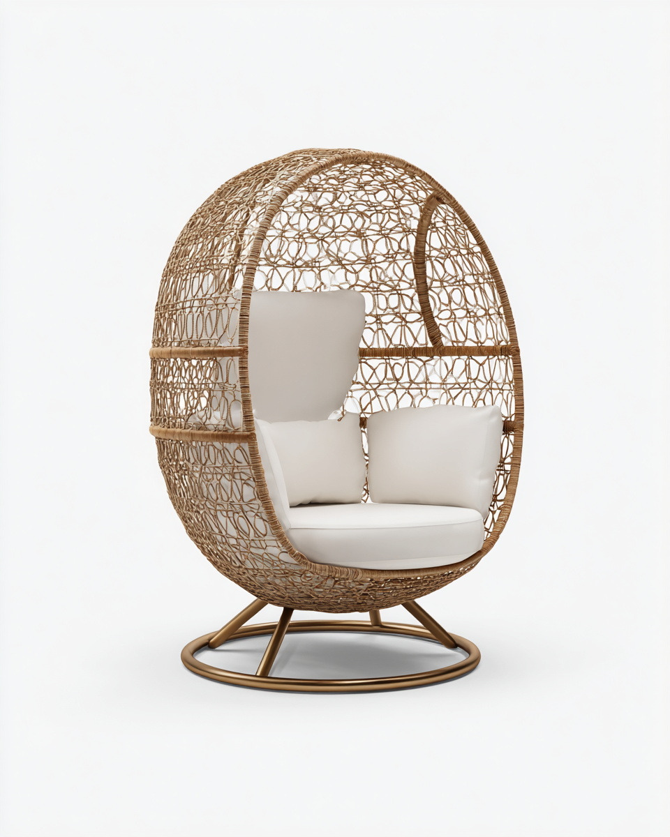 Poltrona a uovo in rattan traforato con cuscini 100x90x140 cm - naturale/bianco - per giardino e outdoor - design avvolgente ventilato-Houseero