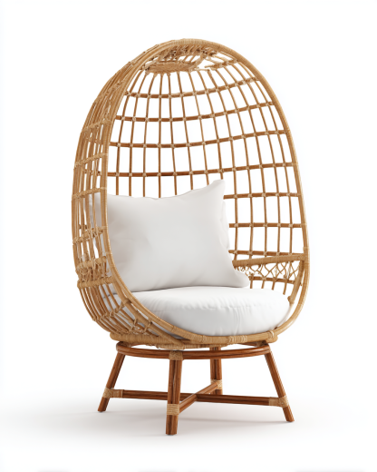 Poltrona a uovo in rattan con cuscini 82x78x138 cm - naturale/bianco - per giardino e outdoor - design moderno intrecciato-Houseero