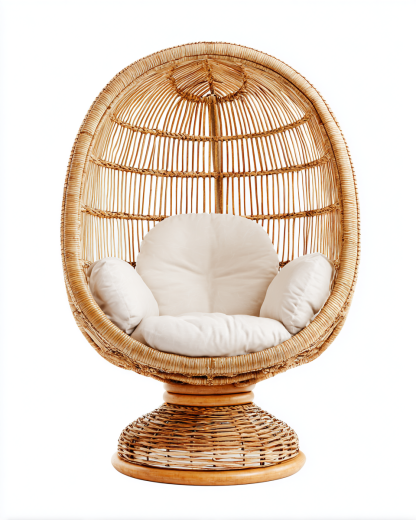 Poltrona a uovo in rattan con cuscini 100x90x150 cm - naturale/bianco - per giardino e outdoor - design avvolgente-Houseero