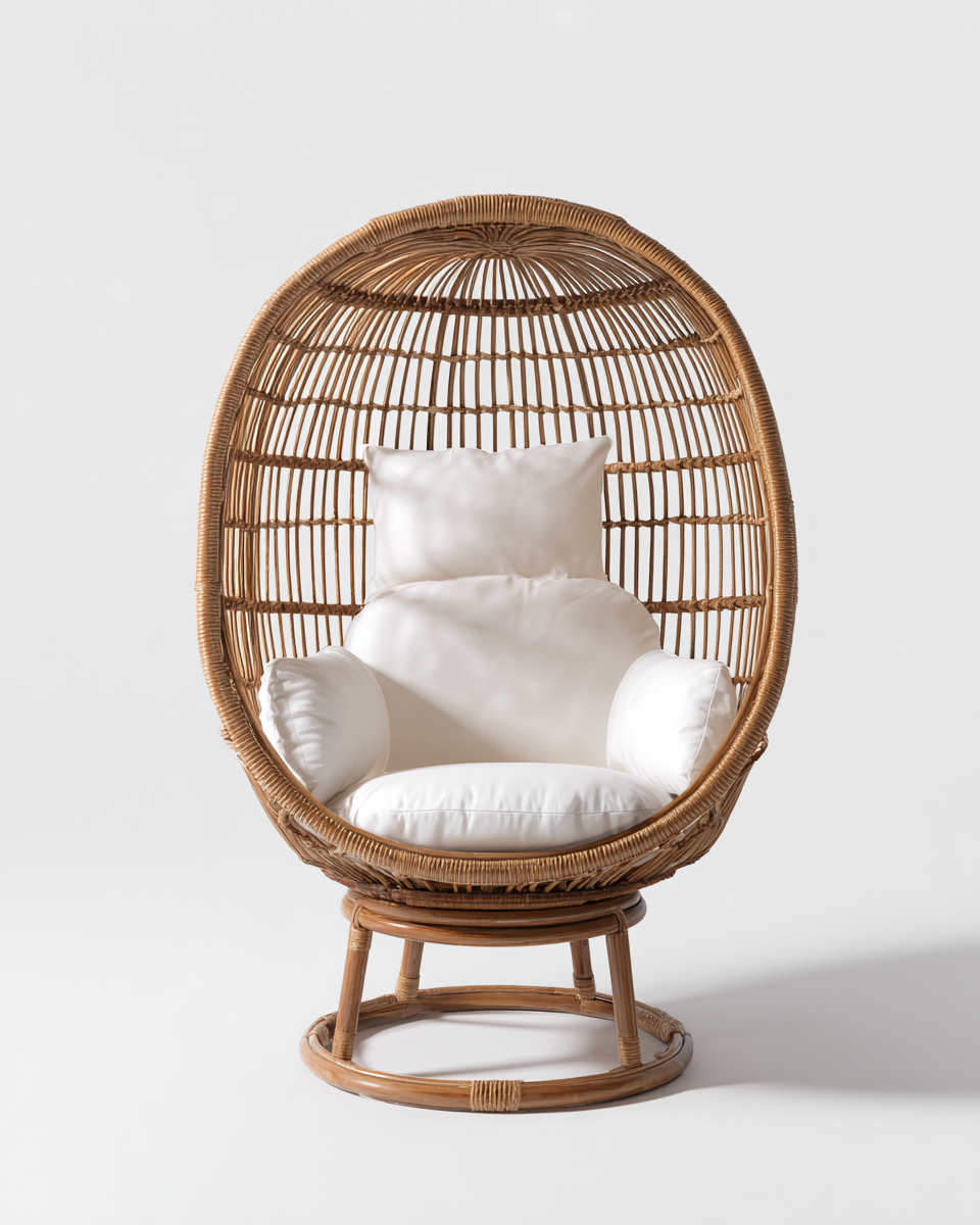 Poltrona a uovo in rattan con cuscini 95x88x148 cm - naturale/bianco - design avvolgente-Houseero
