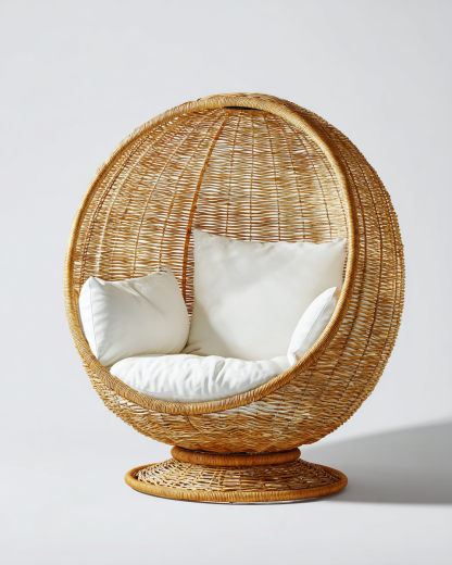 Poltrona a uovo rotonda in rattan con cuscini 105x95x145 cm - naturale/bianco - per giardino e outdoor - design avvolgente intrecciato-Houseero