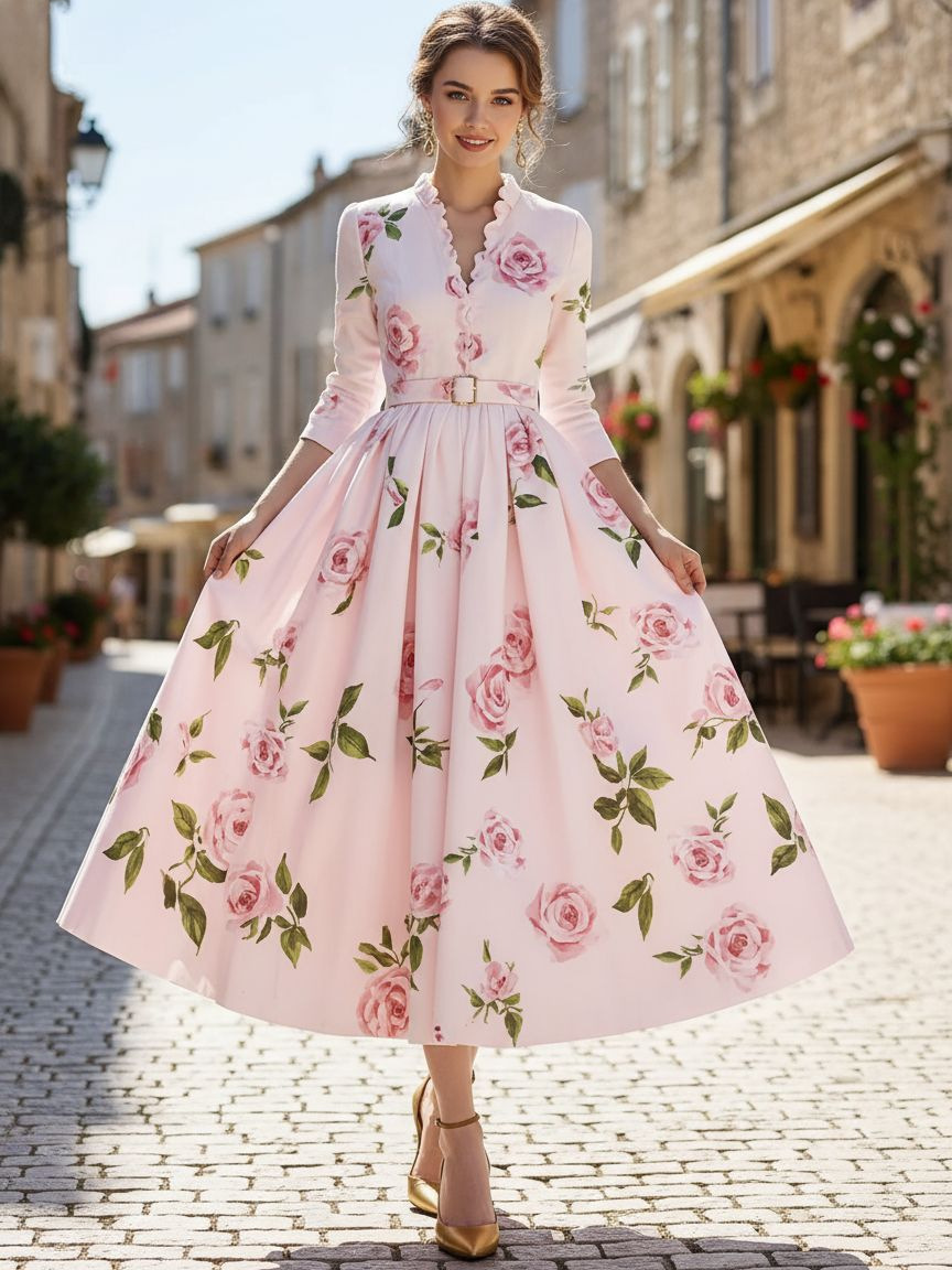 Elegant V-neck Printed Dress