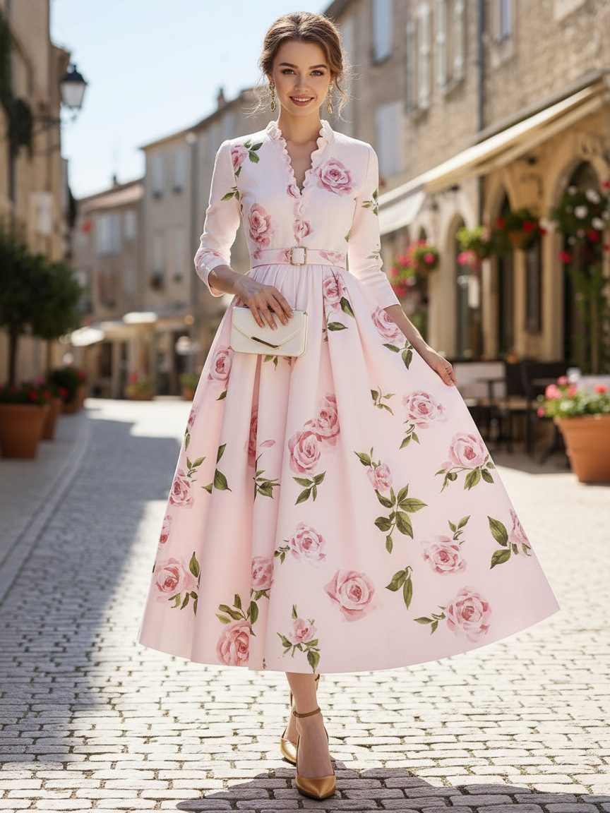 Elegant V-neck Printed Dress