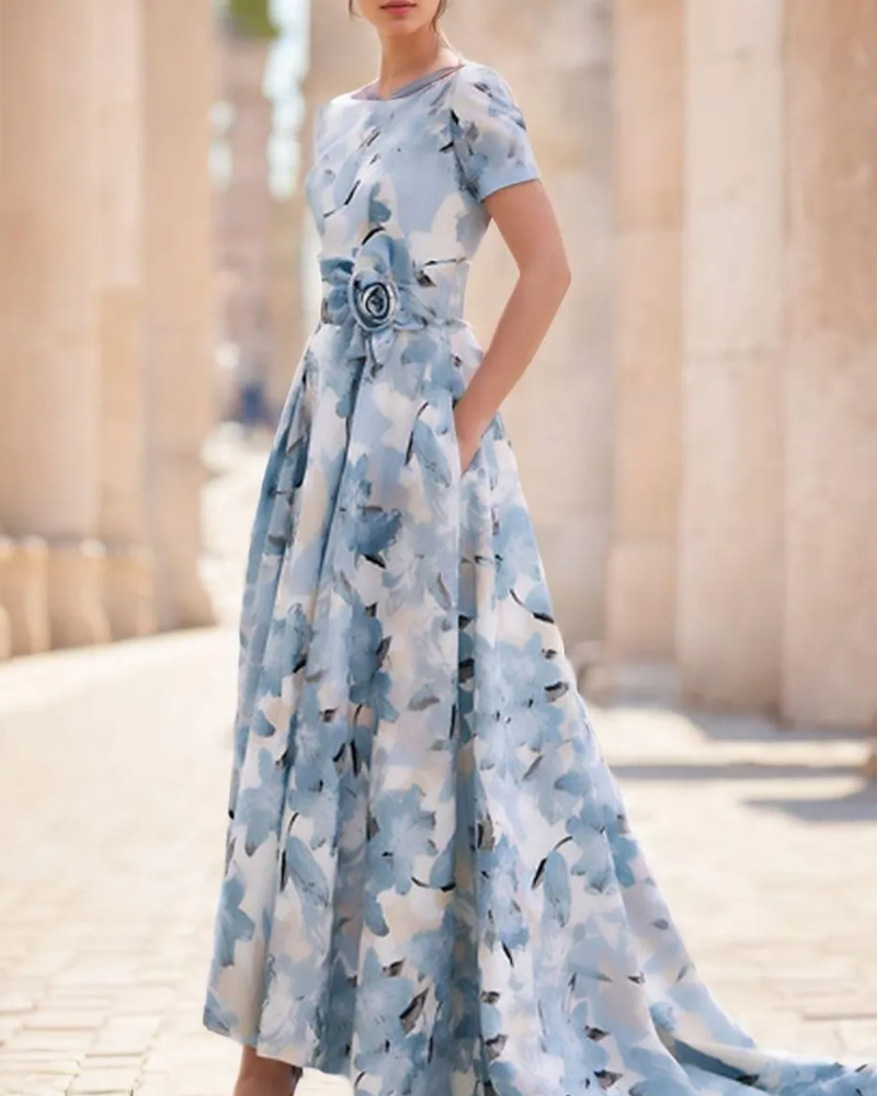 Blue Floral Print Maxi Dress with Pockets