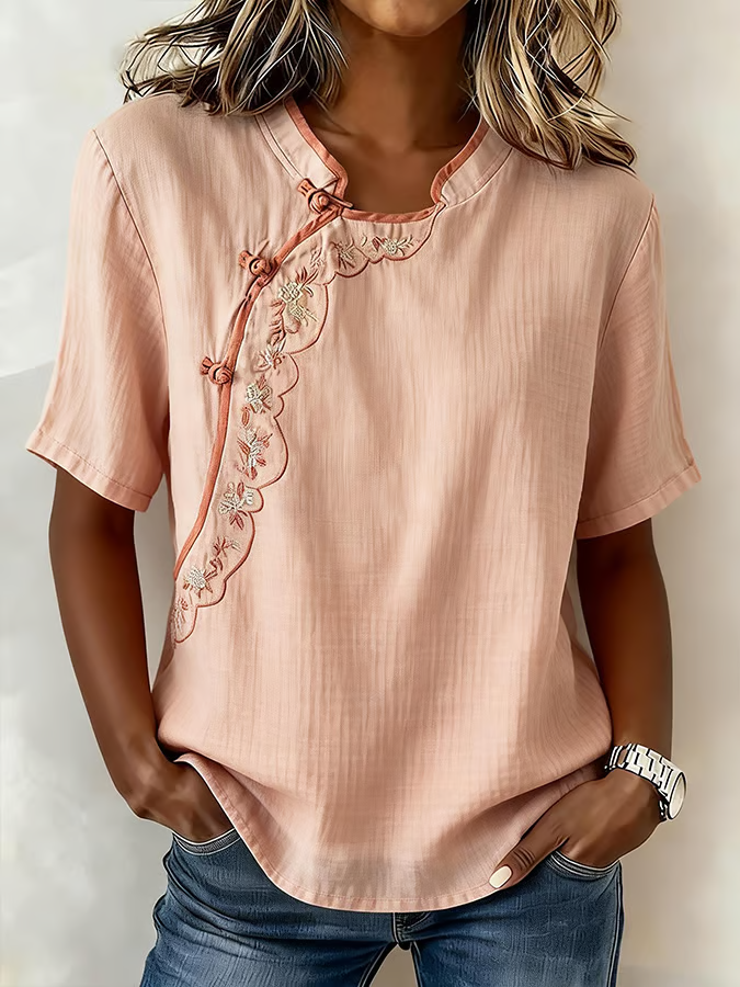  Women'S Casual Color-Blocked Embroidered Short-Sleeved Top 
