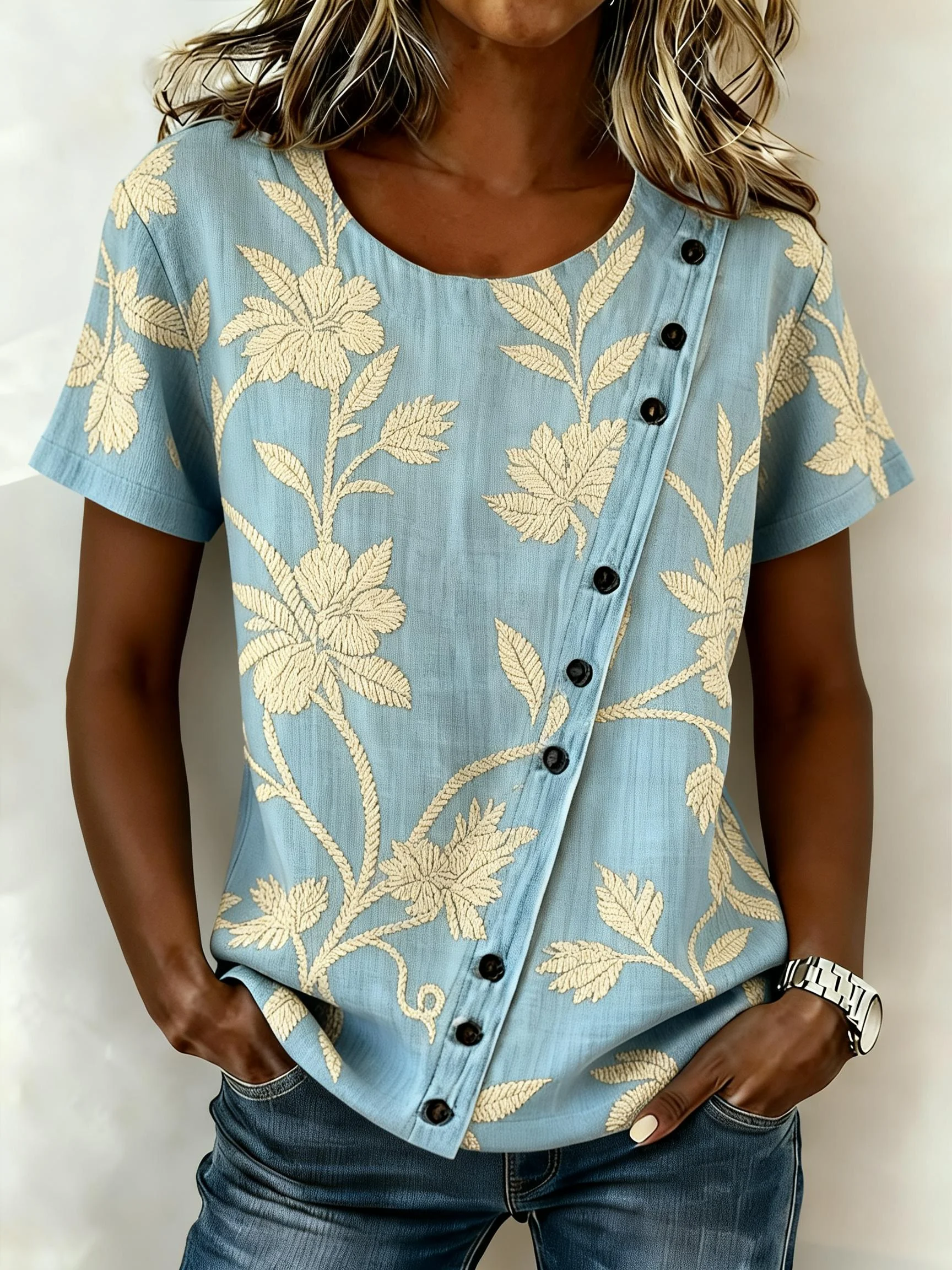  Casual Color Block Print Short-Sleeve Top 