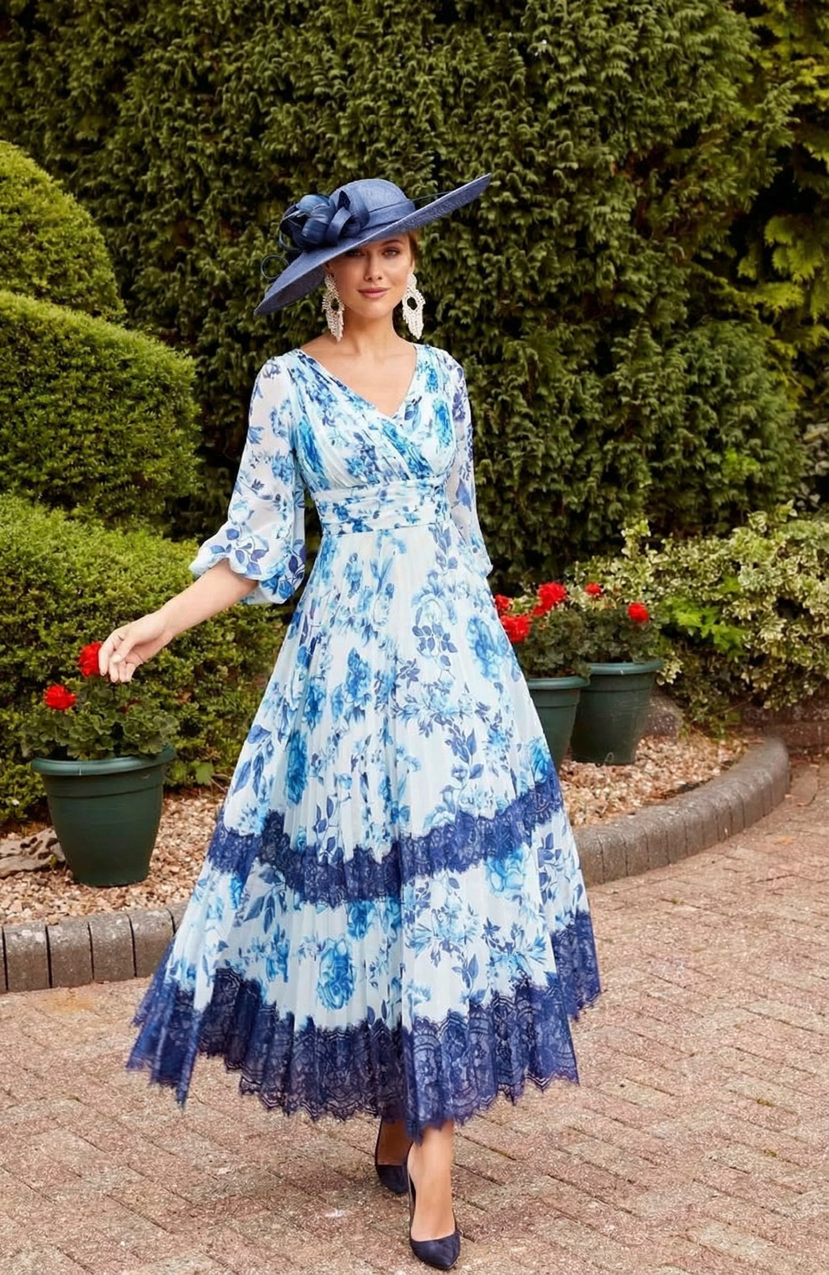 White Blue Floral Print Chiffon Midi Dress with Lace Trim