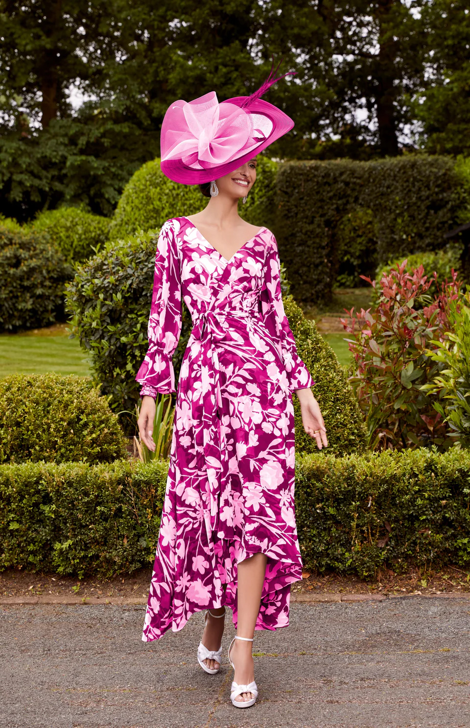 Fuchsia Pink Floral Print Wrap Midi Dress