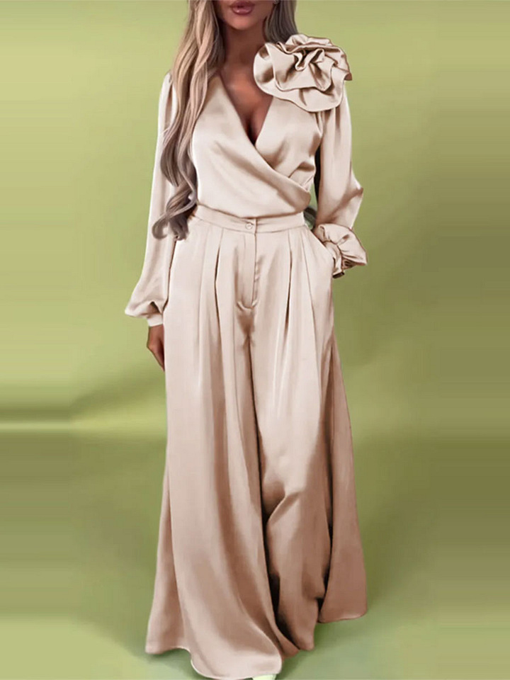 Elegant Floral-Embellished Long-Sleeved Shirt And Trousers Two-Piece Set