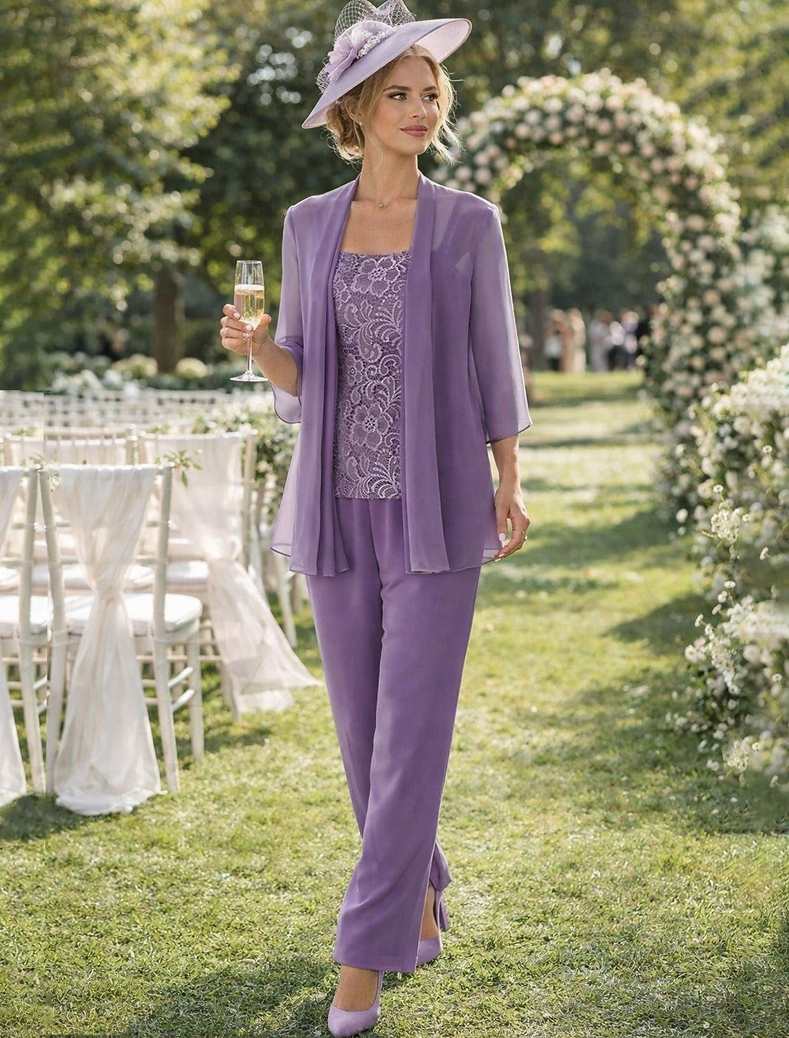 Dusty Purple Lace Tank Top 3 Piece Chiffon Pant Suit