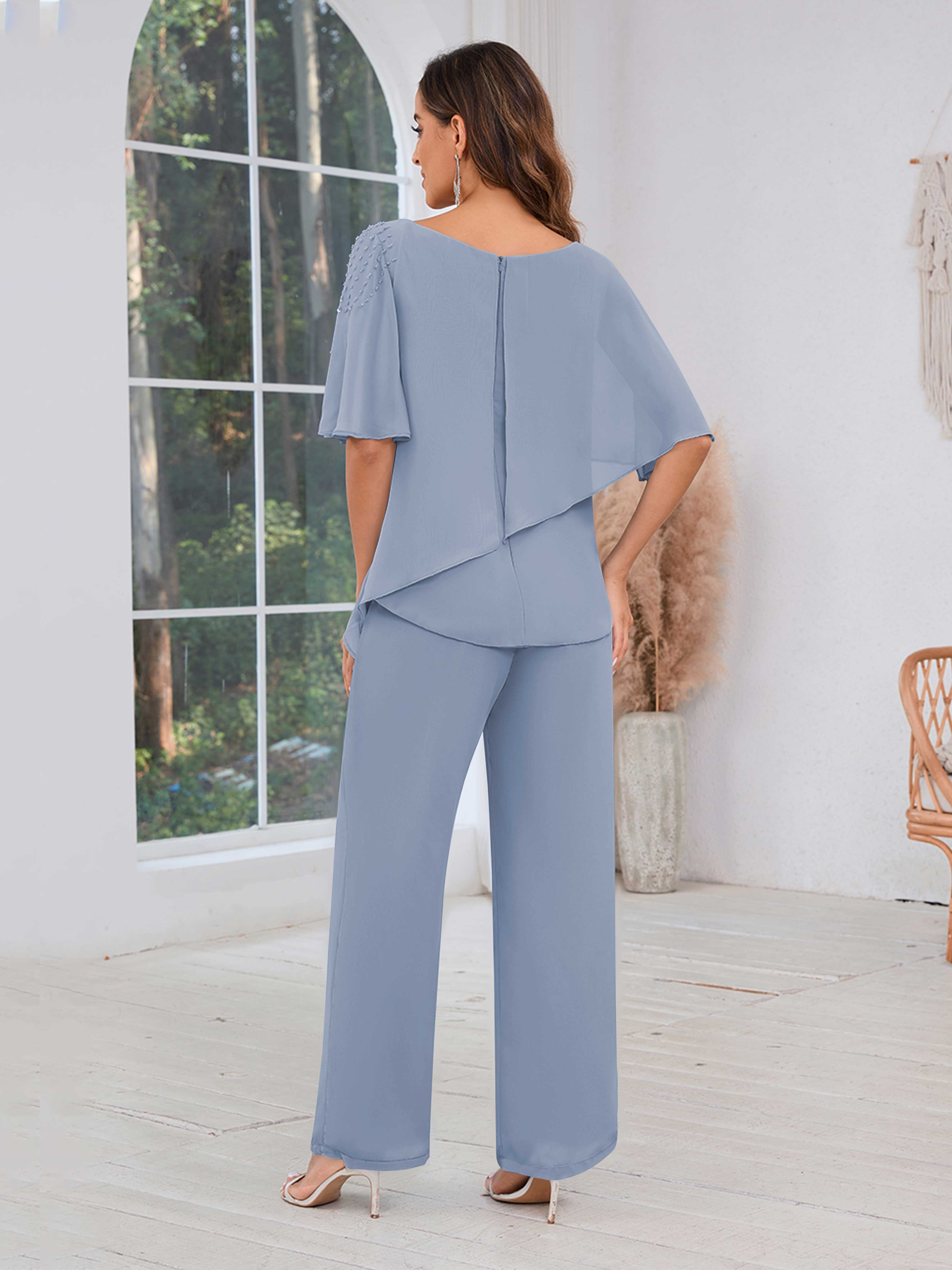  Trendy Half Sleeves Beaded Chiffon Mother of the Bride Jumpsuit