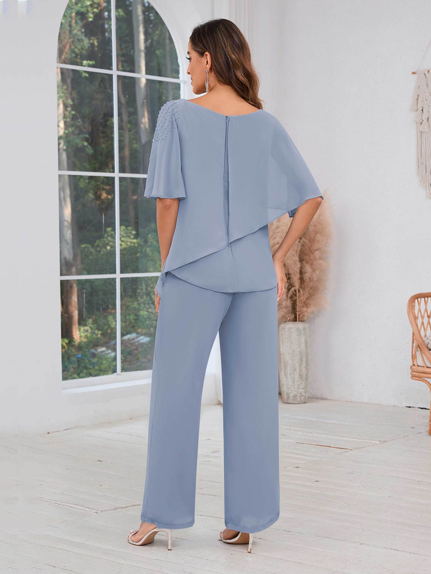  Trendy Half Sleeves Beaded Chiffon Mother of the Bride Jumpsuit