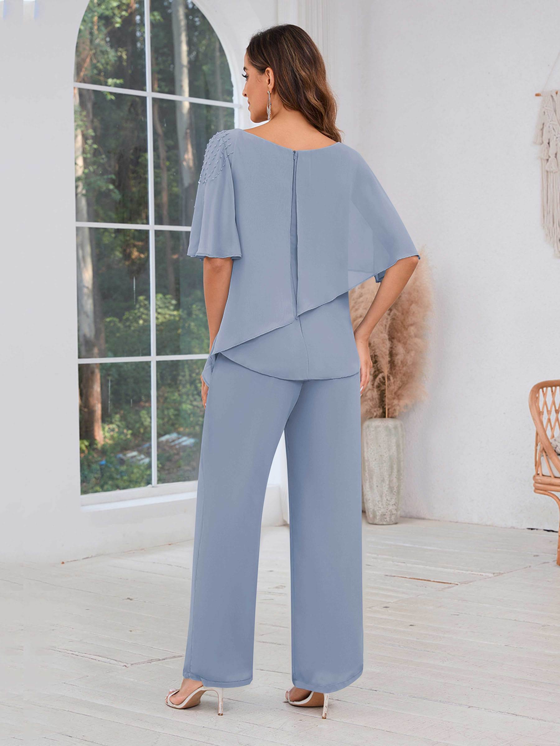  Trendy Half Sleeves Beaded Chiffon Mother of the Bride Jumpsuit