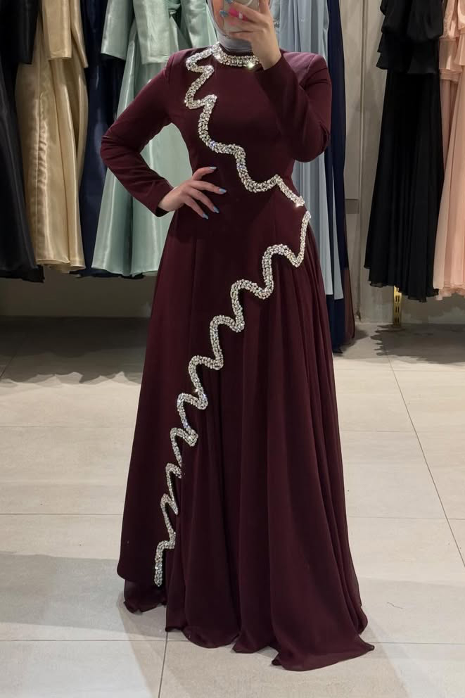 Asymmetric Hot Drilling Patchwork Mock Neck Party Maxi Dresses