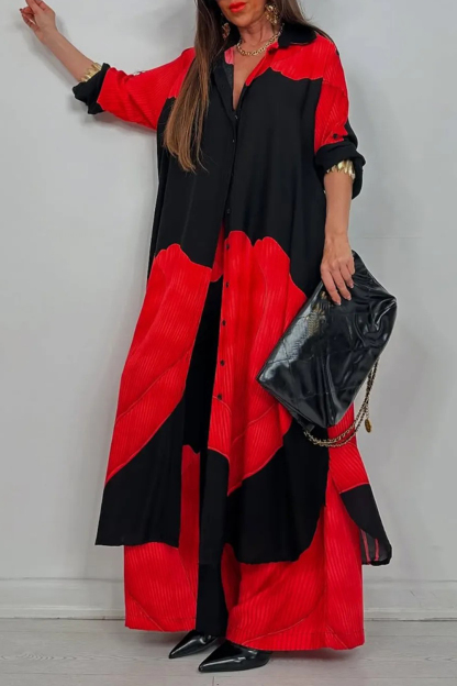 Leaf Print Colorblock Turndown Collar Long Shirt Wide Leg Pants 2pcs Set
