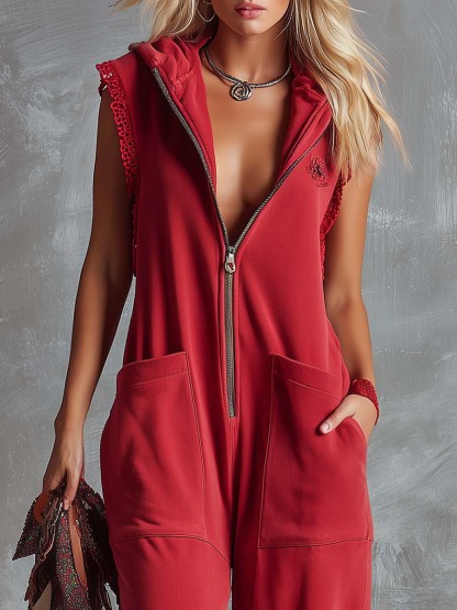 Retro Fashiona Sporty Hooded V-neck Front Zipper Raspberry Red Cotton Jumpsuit