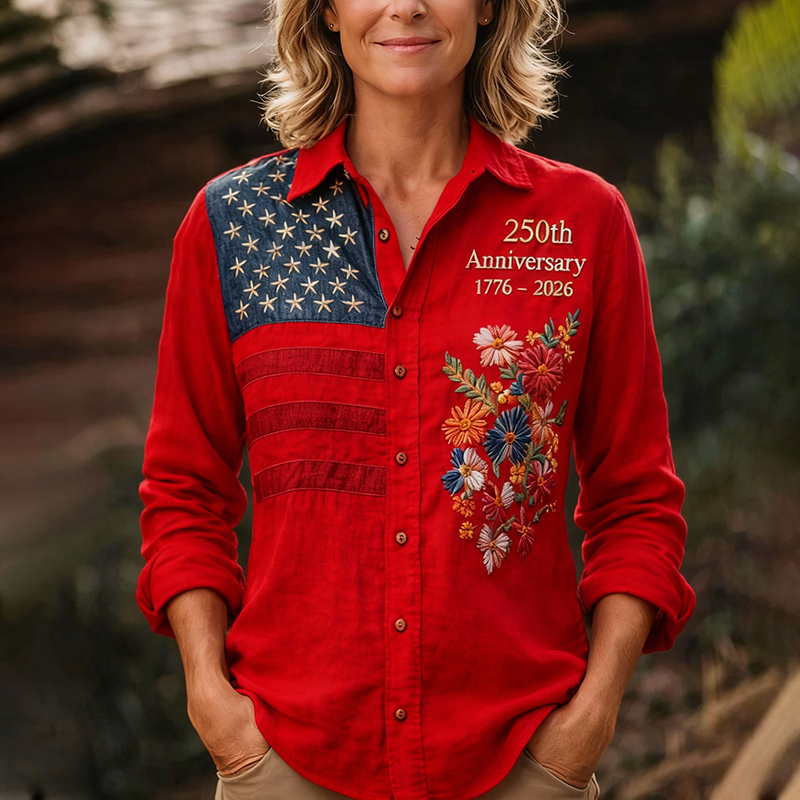 Women's 250th Anniversary American Flag Floral Embroidered Button-Up Shirt-pufftee