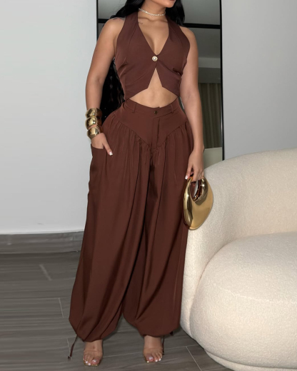 Sleeveless solid color casual two-piece set