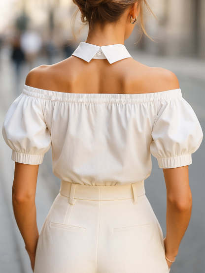 Chic Off-Shoulder Button-Up Blouse with Statement Collar