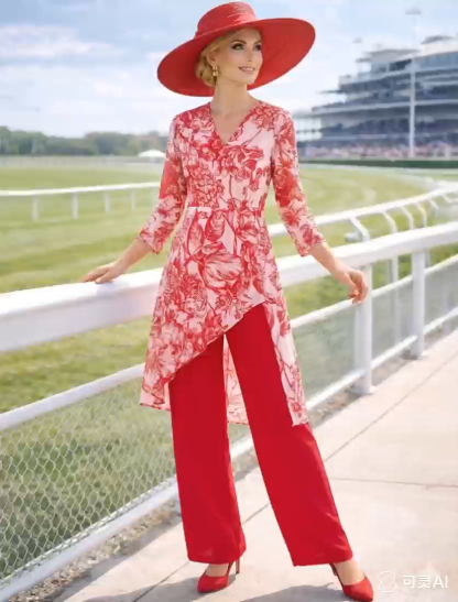 Pink & Red Floral Wrap Tunic Pant Set