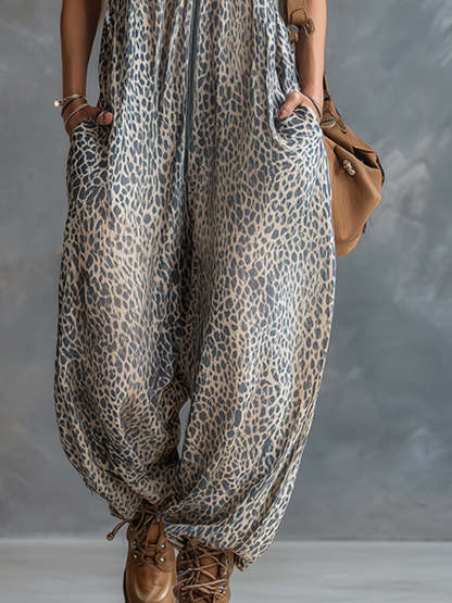 Stylish Urban Apricot-colored Leopard Print Hooded Chiffon Jumpsuit