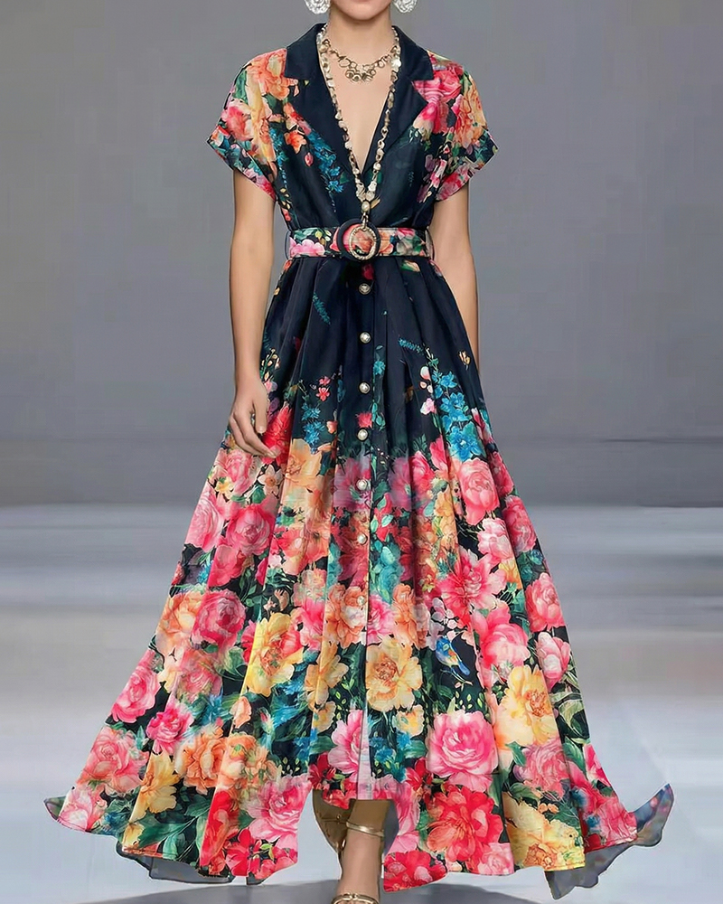 Vintage Black Floral Maxi Dress, Button Down Belted Shirt Dress for Women