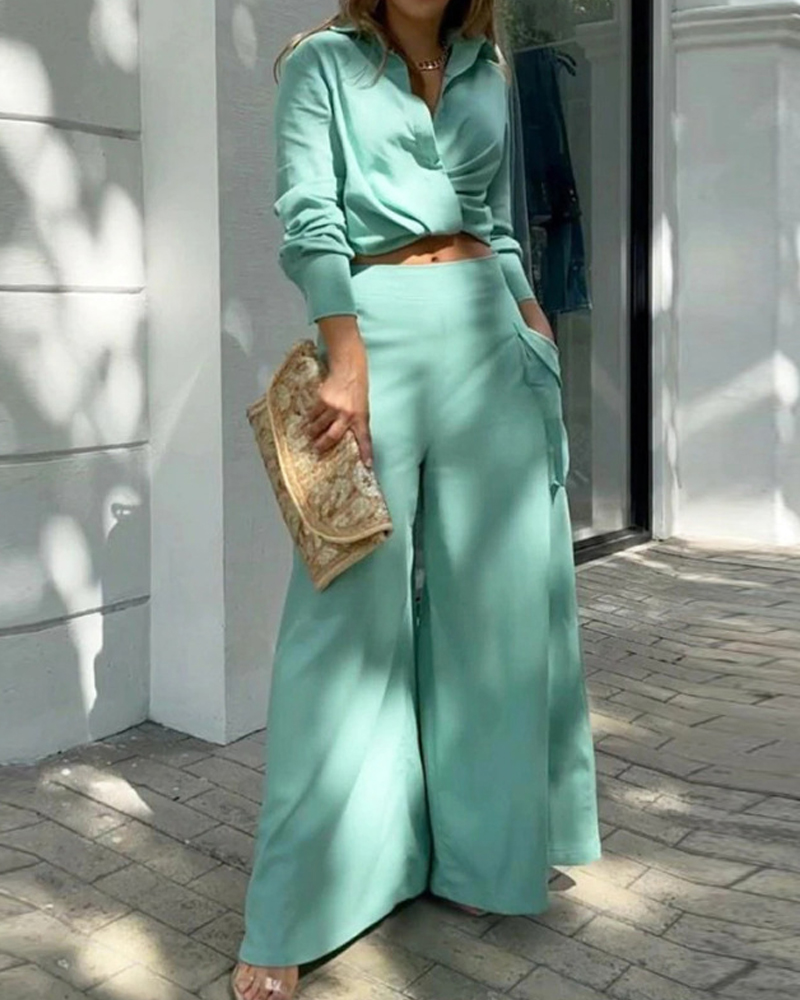 Lapel Casual Solid Color Two-Piece Set