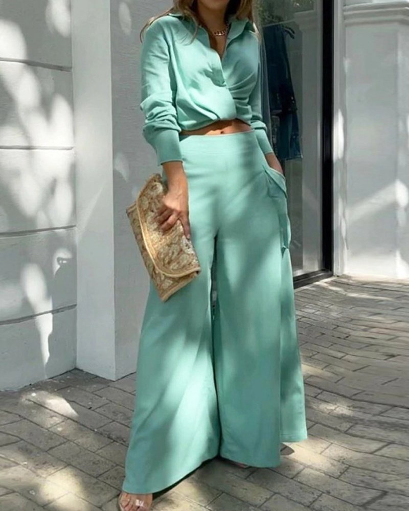 Lapel Casual Solid Color Two-Piece Set