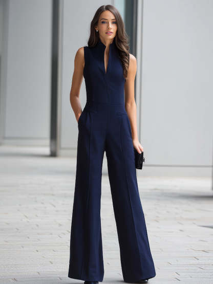 Navy Sleeveless Plunge-Neck Wide-Leg Jumpsuit