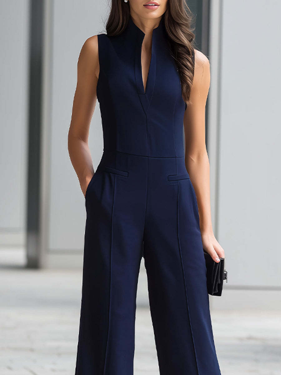 Navy Sleeveless Plunge-Neck Wide-Leg Jumpsuit