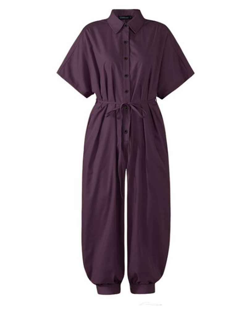 Lapel solid color button jumpsuit