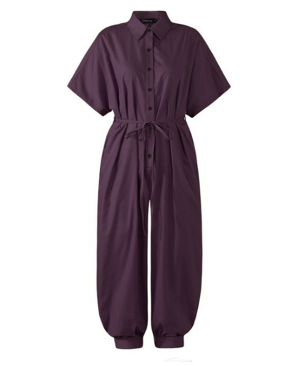 Lapel solid color button jumpsuit