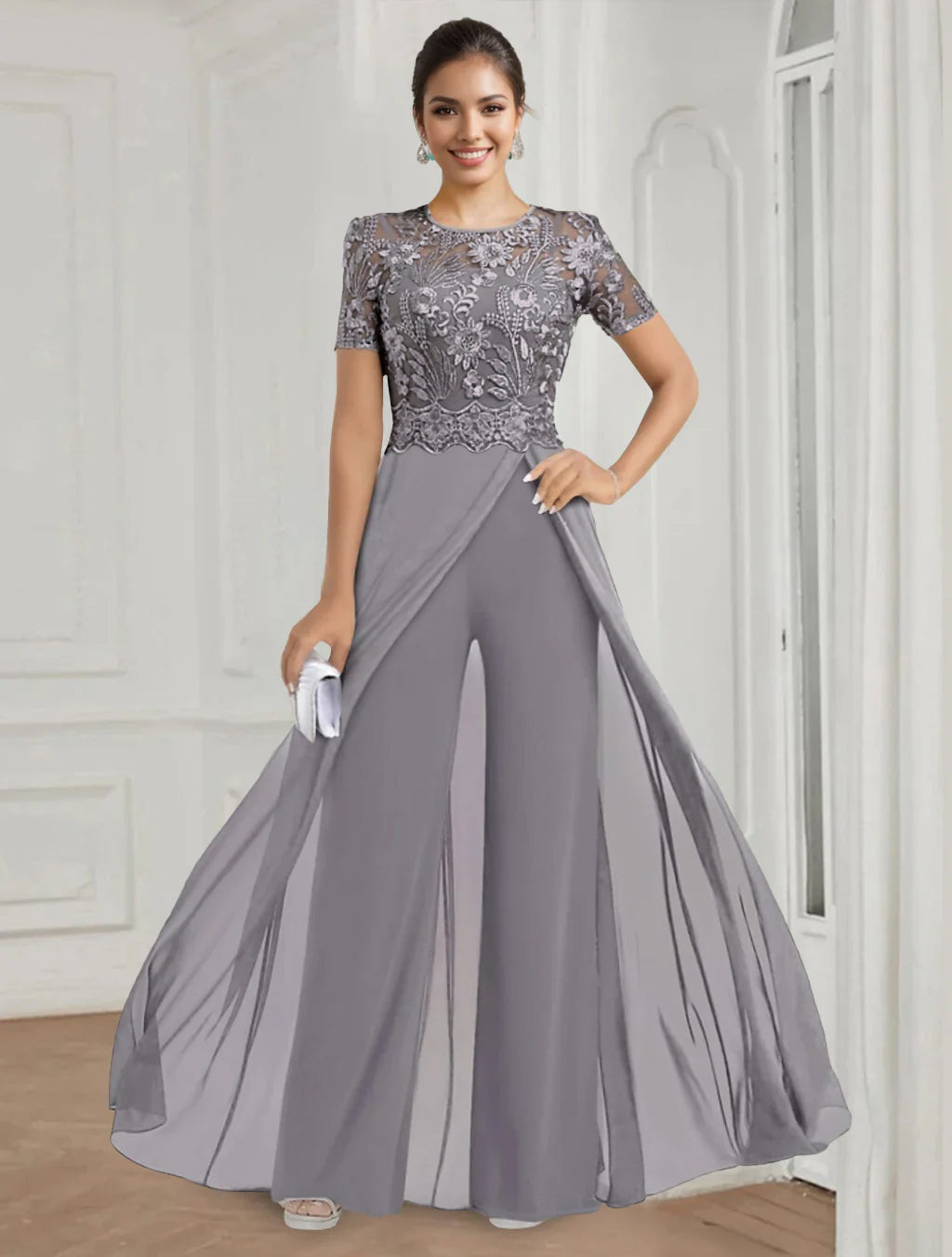 Stretch Chiffon Round Neck Short Sleeves Floor LengthPantsuits with Appliques Lace