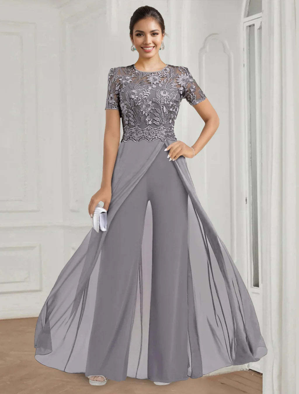 Stretch Chiffon Round Neck Short Sleeves Floor Length Pantsuits with Appliques Lace