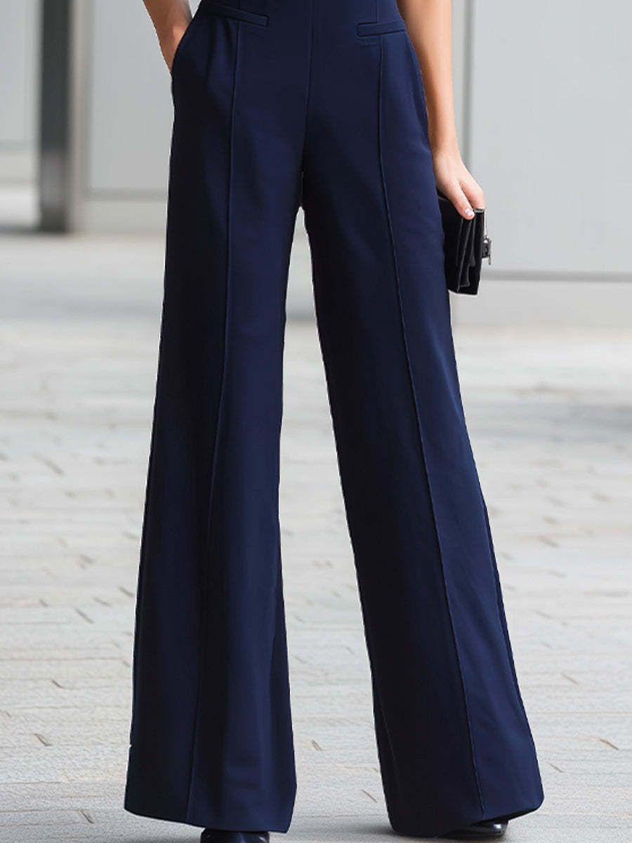 Navy Sleeveless Plunge-Neck Wide-Leg Jumpsuit