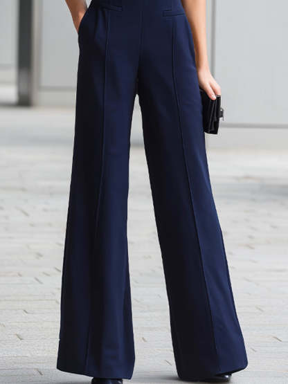 Navy Sleeveless Plunge-Neck Wide-Leg Jumpsuit