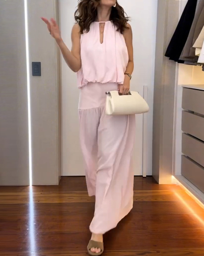 Elegant Sleeveless Solid Color Two-Piece Set