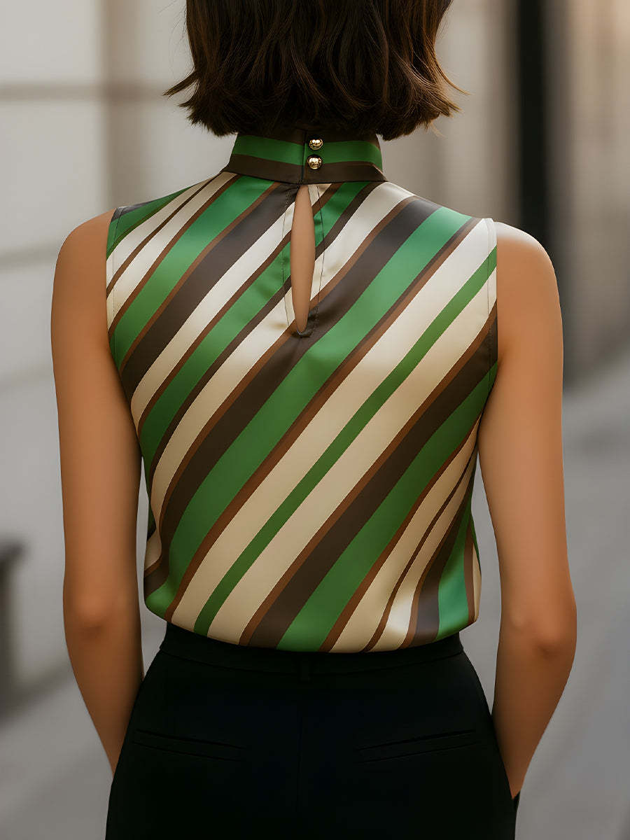 Striped Satin High-Neck Sleeveless Blouse