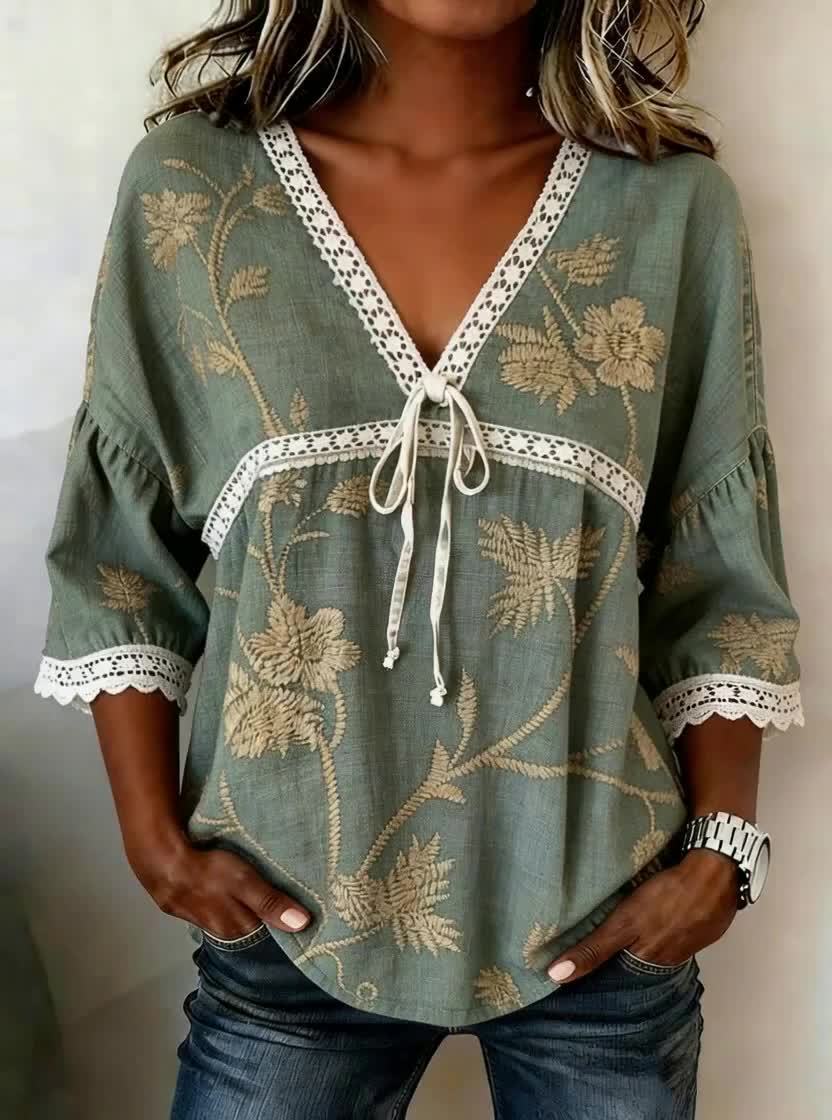 🍃Buy 3 Get 10% Off🍃Women'S Casual Lace-Trimmed Printed Top- Fast Shipping