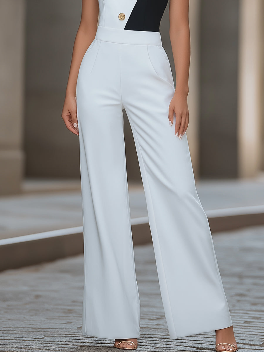 One-Shoulder Contrast Buttoned Wide-Leg Jumpsuit