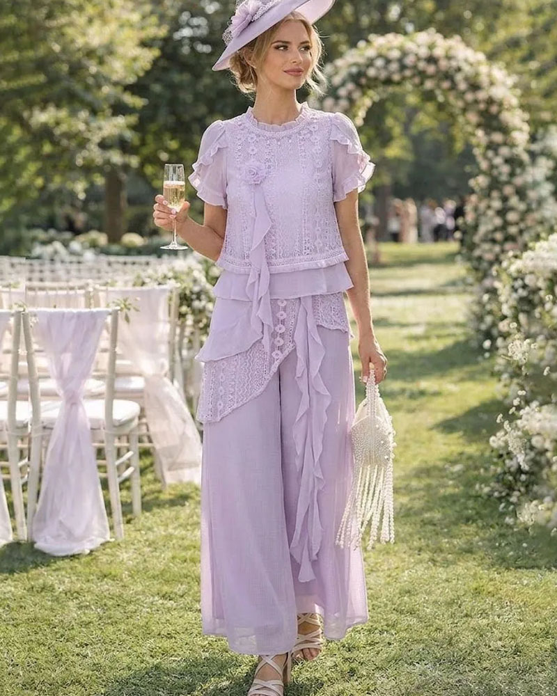 Dusty Lavender Ruffle Lace Wide Leg Pant Set