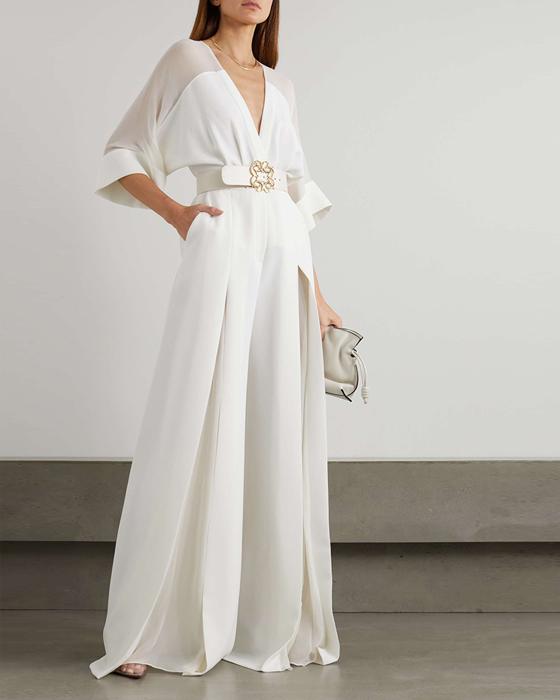 Elegant White V Neck Sheer Sleeve Wide Leg Jumpsuit, Belted Formal Jumpsuit