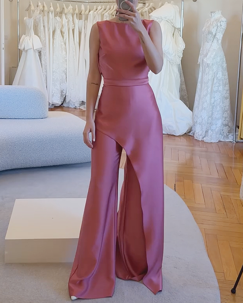 Sleeveless Solid Color Jumpsuit Two-Piece Set