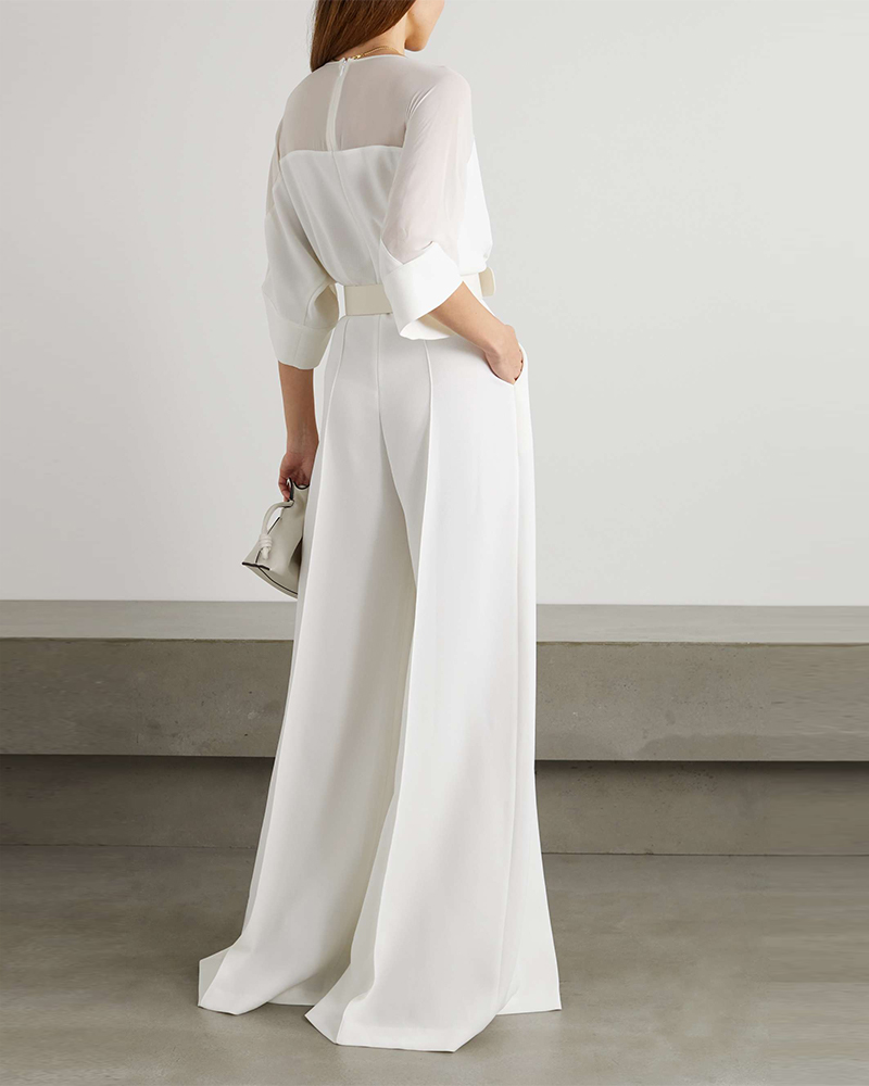 Elegant White V Neck Sheer Sleeve Wide Leg Jumpsuit, Belted Formal Jumpsuit