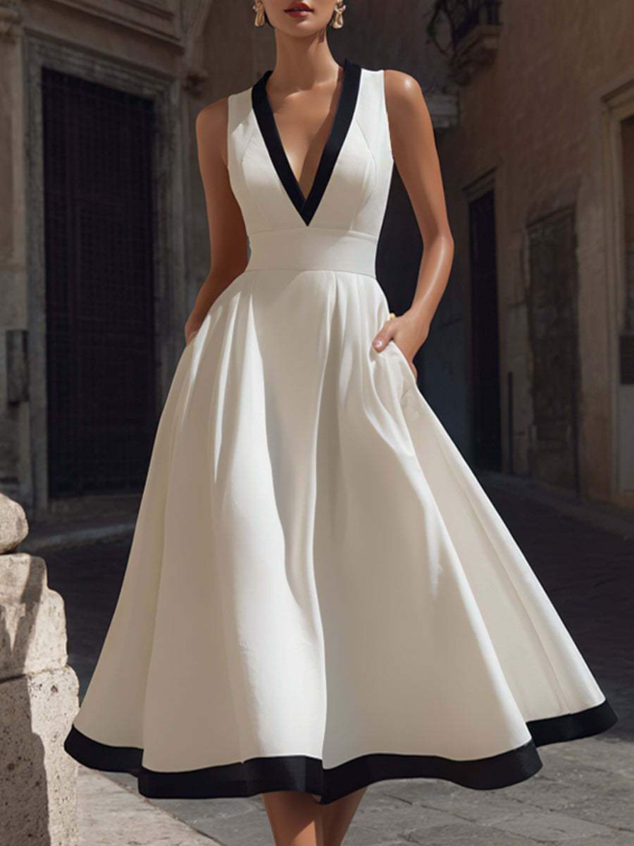 Elegant V-Neck A-Line Midi Dress With Contrast Trim And Pockets