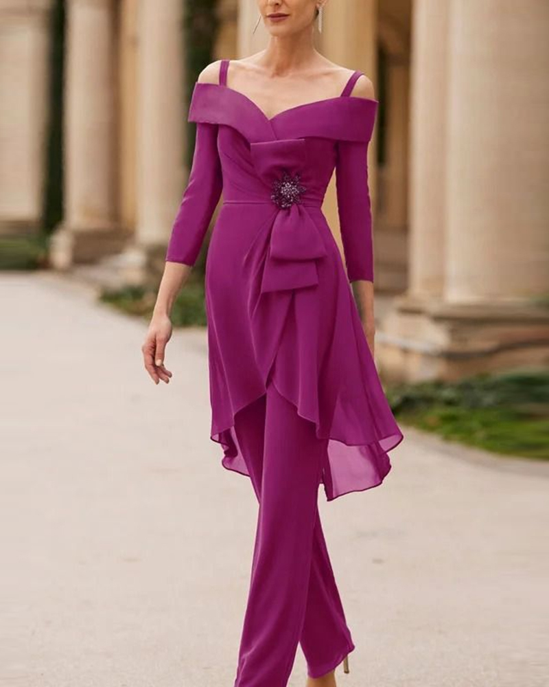 Elegant Off Shoulder Ruffle Hem Wide Leg Jumpsuit, Formal Evening Jumpsuit